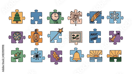 Puzzle of Imagination: a collection of unique puzzle pieces. Featuring various hand-drawn illustrations that spark curiosity and creativity. The image evokes a sense of whimsical fantasy. 
