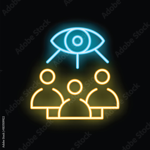 Neon icon of big brother eye watching society representing concepts such as totalitarian surveillance and lack of privacy
