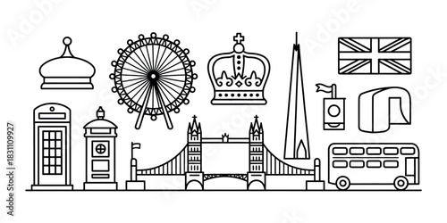 Black and white outline of london landmarks including eye bridge and telephone box