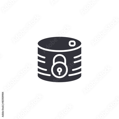 Database with padlock. Locked server symbol representing encrypted storage environment, data security, and cyber protection management.