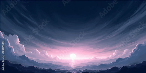 Dramatic mountain sunrise with orange and red light painting the morning sky and cloudscape