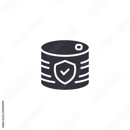 Database with shield checkmark. Secure database icon showing verified safety, firewall protection, and trusted encrypted data source.