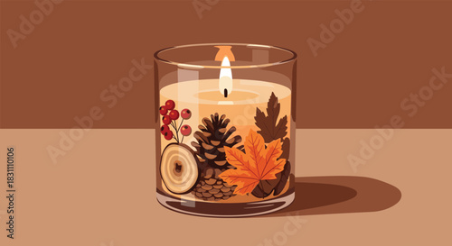 A cozy autumn-themed candle burns brightly in a glass jar, decorated with pinecones, red berries, and colorful maple leaves, on a warm brown surface.