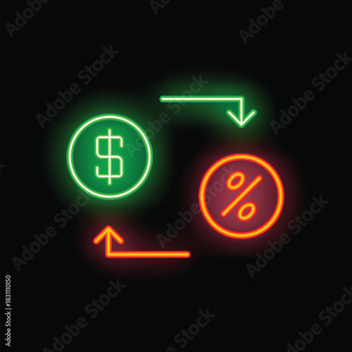 Neon sign illustrating the exchange rate between dollars and percentage symbol with green and orange arrows on a black background