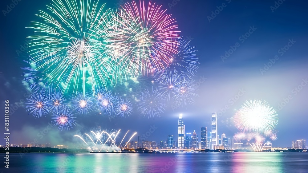 Obraz premium Spectacular fireworks display over city skyline reflected in water at night