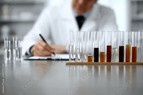 Scientist working in laboratory with various colored liquid samples in glass test tubes, conducting research and development for cosmetic or chemical formulation
