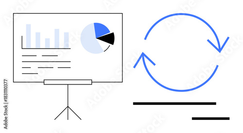 Chart board with graphs and pie charts next to circular arrows. Ideal for business, reporting, analysis, sustainability, growth, progress, and processes. Clean simple flat metaphor