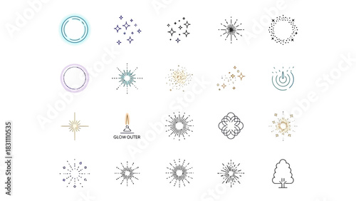 Abstract Graphic Element Collection: A curated collection of diverse graphic elements, ranging from subtle geometric shapes to intricate radiant bursts, perfect for adding a touch of elegance.