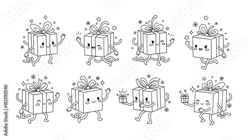 Gift Box Cartoon Collection: A collection of charming gift box cartoons, each box with expressive faces and joyful movements. Ideal for adding a touch of whimsy and delight to any design project.