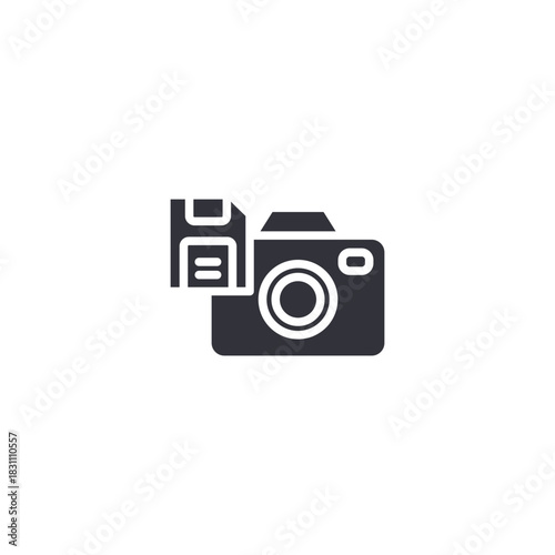 Camera and data server icon representing media backup, file saving, and digital photo archiving workflows.