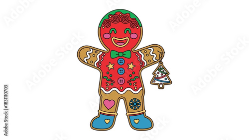 Joyful Gingerbread Man: A smiling gingerbread man, intricately decorated with colorful icing and festive details, holds a miniature Christmas tree, embodies the joy and cheer of the holiday season.