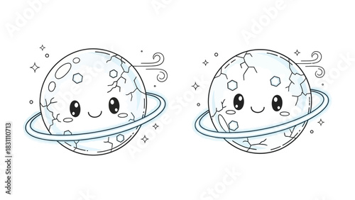 Smiling Planet Friends: An adorable pair of cartoon planets with big, innocent eyes and a gentle smile float playfully amidst a galaxy of twinkling stars, inviting wonder.