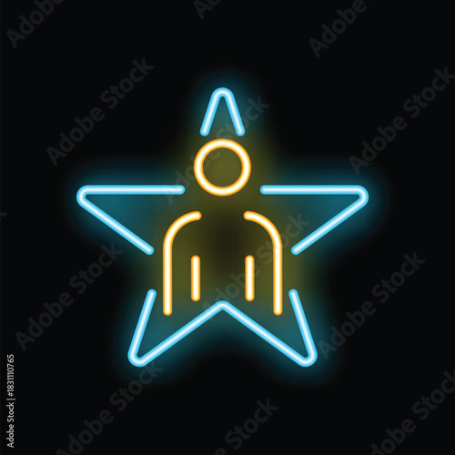 Neon glowing icon of a person standing inside of a star representing fame, success, and the entertainment industry