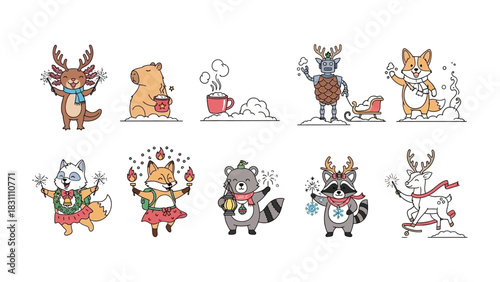 Whimsical Winter Wildlife Collection: Delightful illustrations of various animals, adorned with winter-themed elements. These charming creatures create a sense of festive cheer and wintery fantasy.