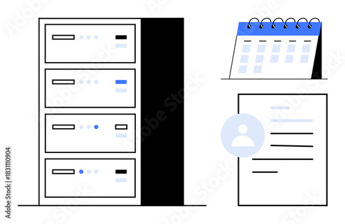 Filing cabinet, calendar, and user details on a document conveying organization, planning, and data management. Ideal for workflow, scheduling, data storage, digital archives planning productivity