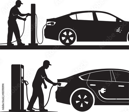 black vector silhouette of a technician plugging an electric car into a charging station, Vehicle Charging Technician, clean & minimal  vector design, ev charging, ev charger. 