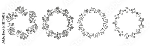 Set of cute round frames with doodle outline canola rapeseed flowers isolated on white background.
