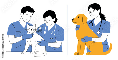 Veterinarians administer vaccinations to a cat and a dog, showcasing animal healthcare services.