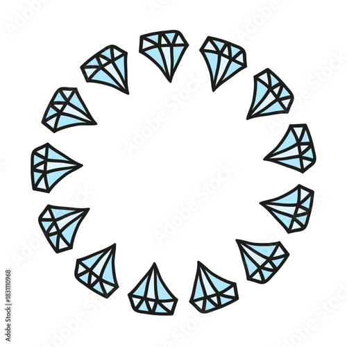 Cute round frame with doodle blue diamond crystals isolated on white background.
