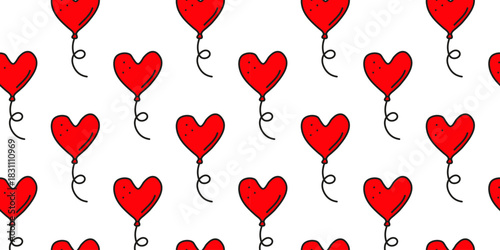 Cute seamless pattern with doodle Valentine heart shaped helium balloons on white background.