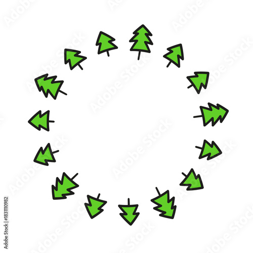 Cute round frame with doodle fir trees isolated on white background.