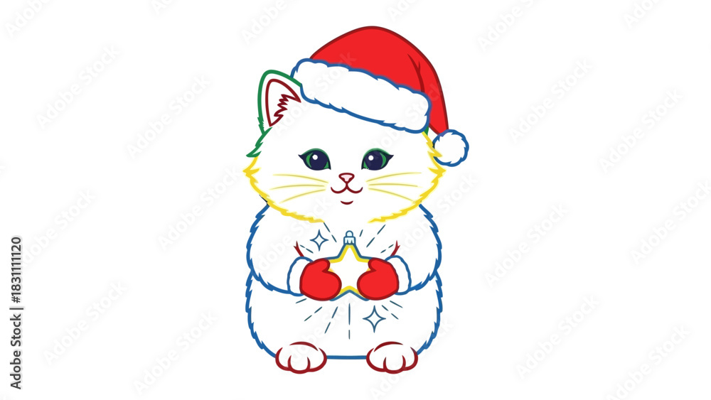 Fototapeta premium Festive Feline with a Glowing Star: A charming kitten, adorned in a Santa hat, holds a radiant star, embodying holiday cheer and magical whimsy.