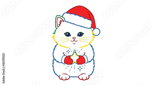 Festive Feline with a Glowing Star: A charming kitten, adorned in a Santa hat, holds a radiant star, embodying holiday cheer and magical whimsy.