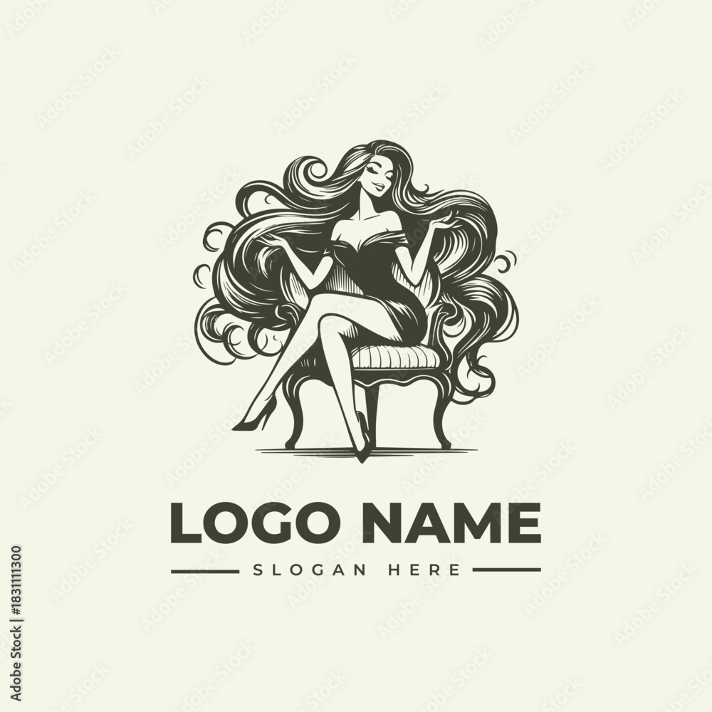 Fototapeta premium Classic Engraving Style Vector Logo Illustration of an Elegant Woman with Wavy Flowing Hair Sitting Gracefully on a Vintage Chair