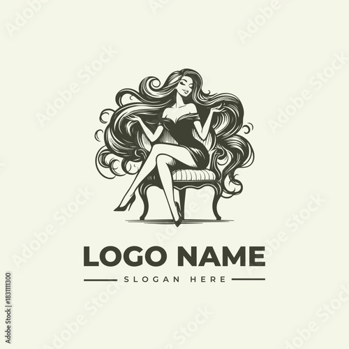 Classic Engraving Style Vector Logo Illustration of an Elegant Woman with Wavy Flowing Hair Sitting Gracefully on a Vintage Chair