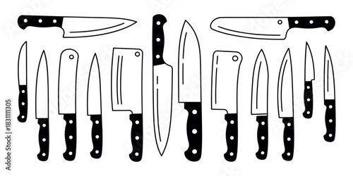 A collection of various kitchen knives in a black and white line drawing style