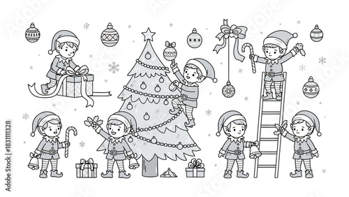 Festive Elves Decorating Christmas Tree: A whimsical black-and-white illustration depicts Santa's elves joyfully decorating a Christmas tree with ornaments and gifts.