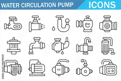 Water Circulation Pump Editable Line Icons Set for Industrial Design