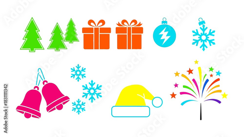 Christmas Icons: A vibrant assortment of festive icons, including Christmas trees, gift boxes, ornaments, snowflakes, bells, a Santa hat, and fireworks, set against a pristine background.