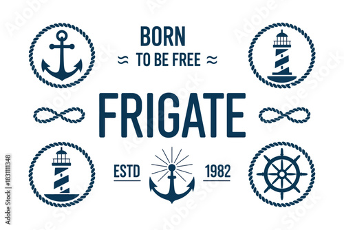 Nautical themed graphics feature a ship's wheel, anchors, lighthouses, and the word 'FRIGATE' with a rope border.