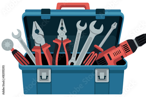 A blue toolbox is filled with various tools, including pliers, wrenches, and a drill, ready for use.