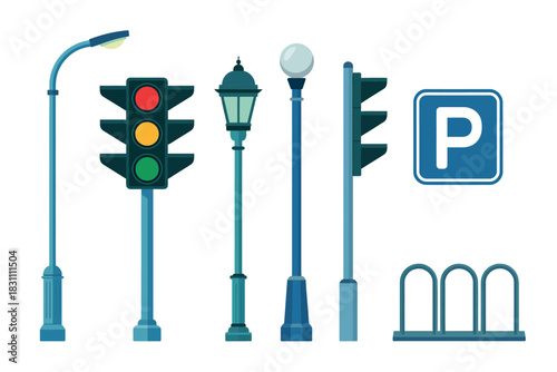 A collection of urban street furniture including traffic lights, lampposts, a parking sign, and a bicycle rack are depicted.