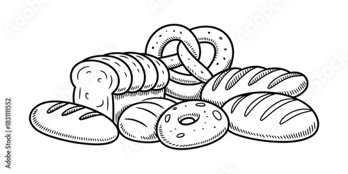 A black and white drawing of various breads including pretzel and loaf bread