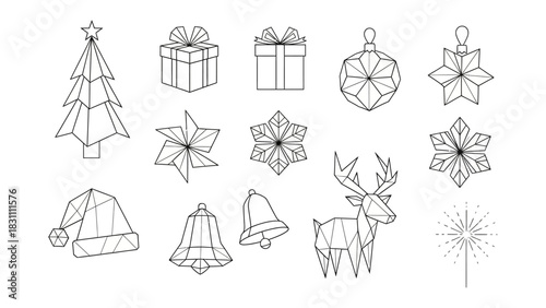 Geometric Christmas Set: An elegant collection of meticulously crafted geometric Christmas symbols, from a festive tree to a whimsical reindeer. A perfect blend of modernity and holiday spirit.