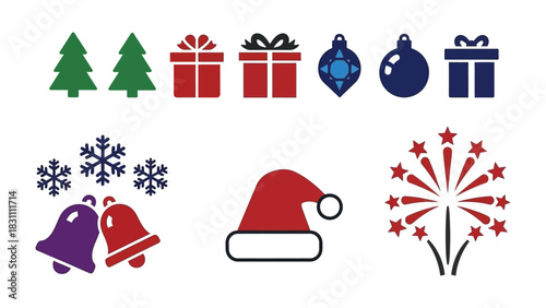 Christmas Decorations Elements: Festive icons of a christmas tree, present, ball, snowflake, bell, santa's hat and firework. evoking a sense of joy and the spirit of the holiday season.