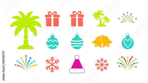 Festive Array of Christmas & Summer Icons: A collection of vibrant icons, featuring a fusion of Christmas and summer elements to evoke the spirit of the season.
