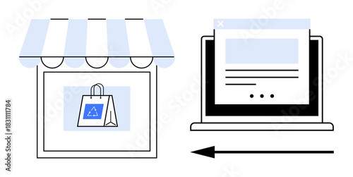 E-commerce concept. E-commerce store illustrated as a storefront with a shopping bag transitioning to a digital store on a laptop. E-commerce for online shopping, digital sales, marketing, retail