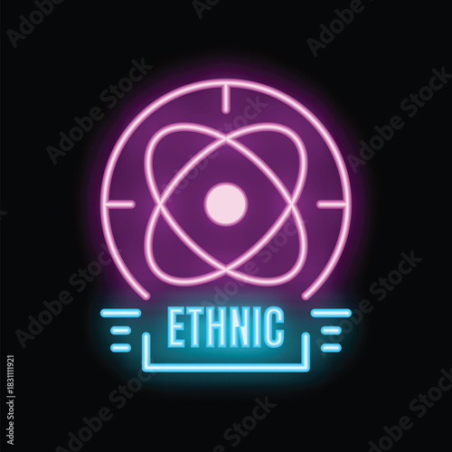 Pink and blue neon sign with an atom symbol glowing on a black background