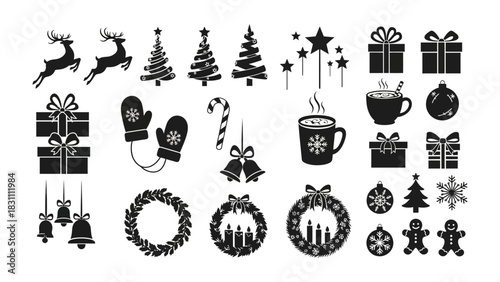 Christmas Collection Silhouettes: A charming collection of festive Christmas-themed vector illustrations including Christmas tree, stars, bell, candy cane, and gifts.