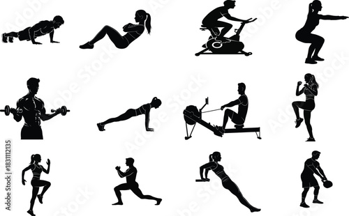 Silhouette collection of people exercising performing various fitness activities