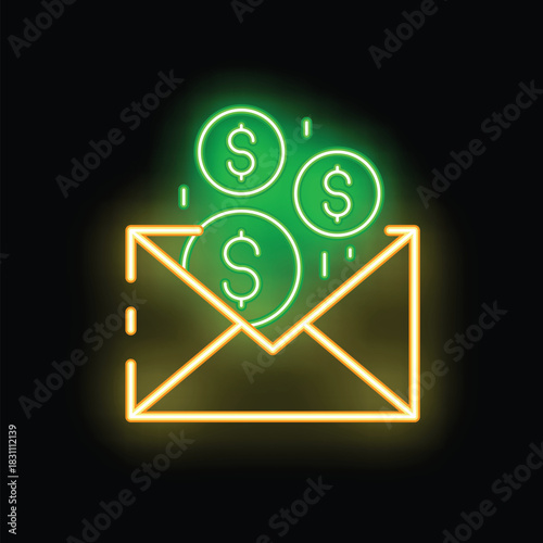 Open neon envelope receiving dollar coins, glowing icon for online banking and financial transactions