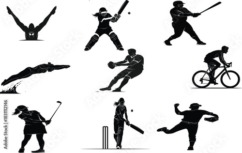 Silhouetted athletes diverse sports collection of swimmer cyclist baseball cricket golf and more