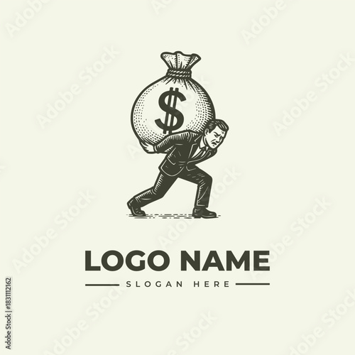 Engraving style vector logo illustration a determined businessman carries a heavy money bag, representing finance, wealth, and responsibility