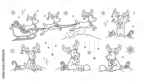 Whimsical Reindeer: Charming black and white line art illustrates playful reindeer engaged in festive activities, with a focus on delivering gifts during the winter holiday season.