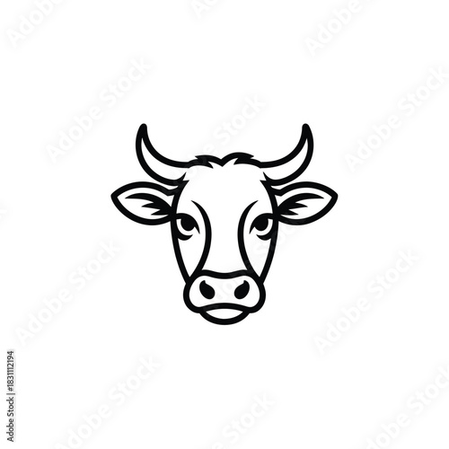 A minimalist black and white line drawing of a cow's head