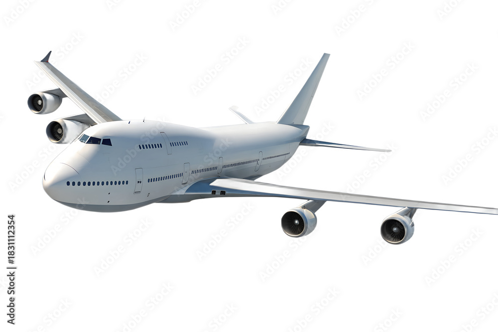 Fototapeta premium Boeing 747 Jumbo Jet Airplane in Flight 3D Render Transparent Background